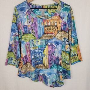 Alfred Dunner Petite Scenic Watercolor Asymmetric Hem Top Size PM Whimsical
